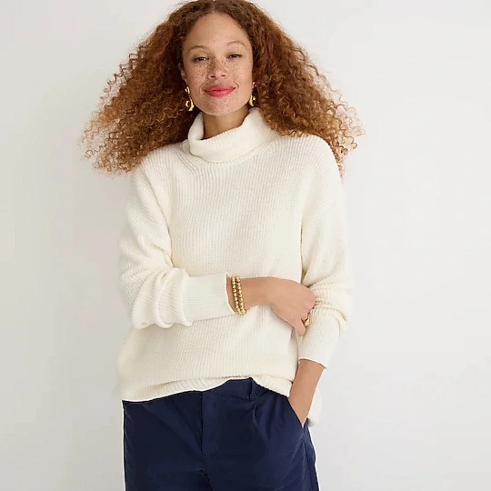 J.Crew Womens Pullover Sweater Ivory Long Sleeve Turtleneck Ribbed Knit XL New